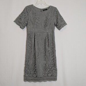 MIK A ROSE Gray Lined Crochet Lace Short Sleeve Knee Length Sheath Dress; Size S